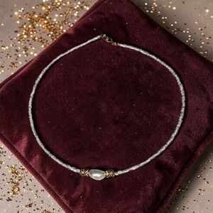 Hand Crafted White Glass Beaded Necklace with Golden Accents With A Pearl